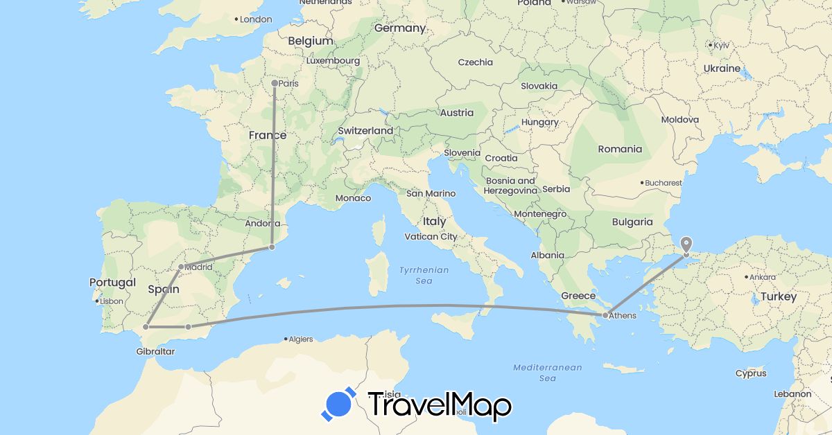 TravelMap itinerary: driving, plane in Spain, France, Greece, Italy, Turkey (Asia, Europe)